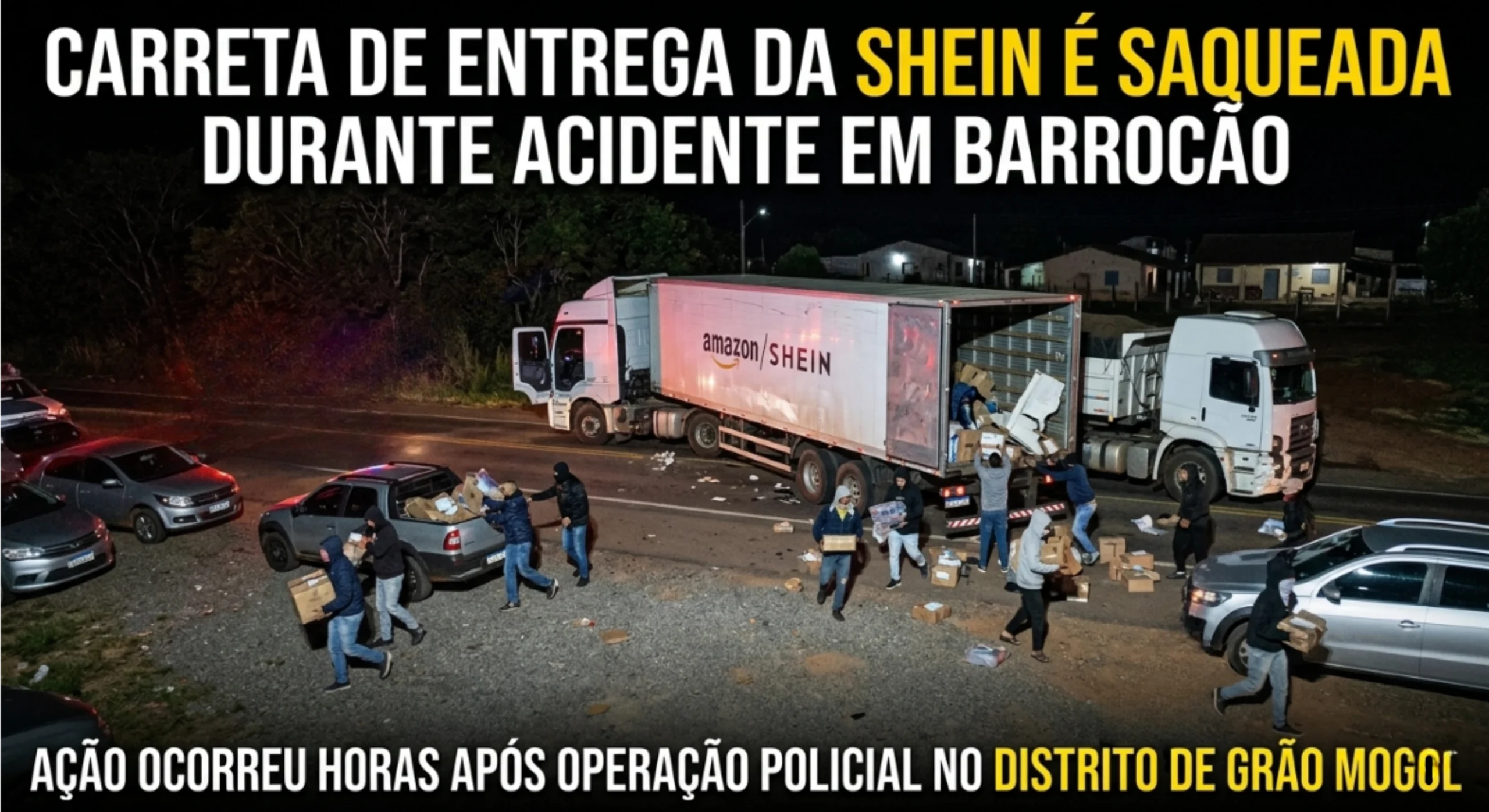 Carga da Shein é saqueada após acidente na zona rural de Grão Mogol GRÃO MOGOL