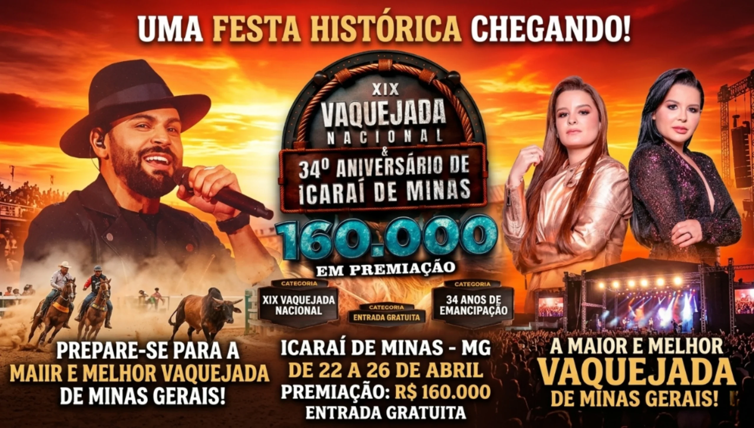 Icaraí de Minas celebra 34 anos com XIX Vaquejada Nacional e shows de Maiara & Maraisa e Thullio Milionário