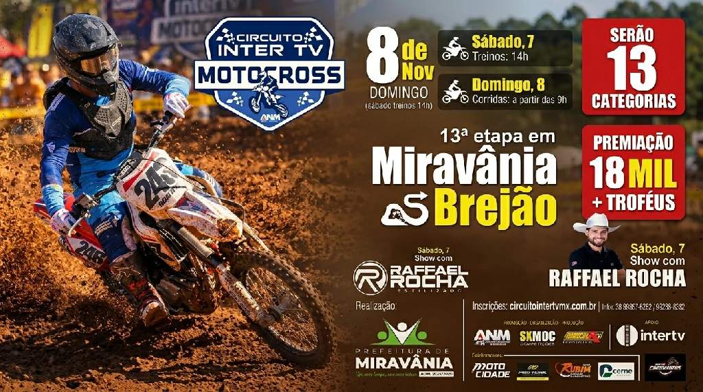 MIRAVÂNIA NO RITMO DA ADRENALINA: BREJÃO RECEBE 13ª ETAPA DO CIRCUITO INTER TV DE MOTOCROSS COM R$ 18 MIL EM PRÊMIOS E SHOW DE RAFFAEL ROCHA